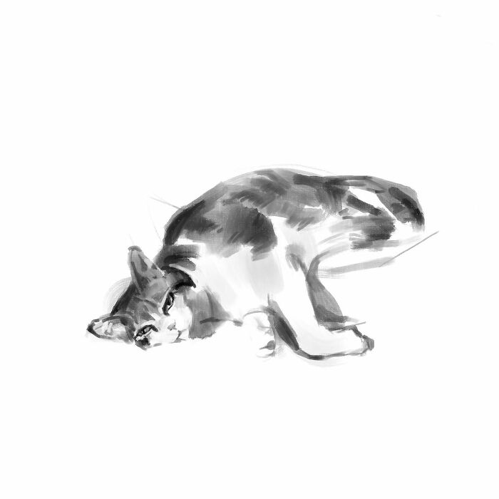 Realistic digital cat art by Jinodae, depicting a sleeping feline in grayscale.