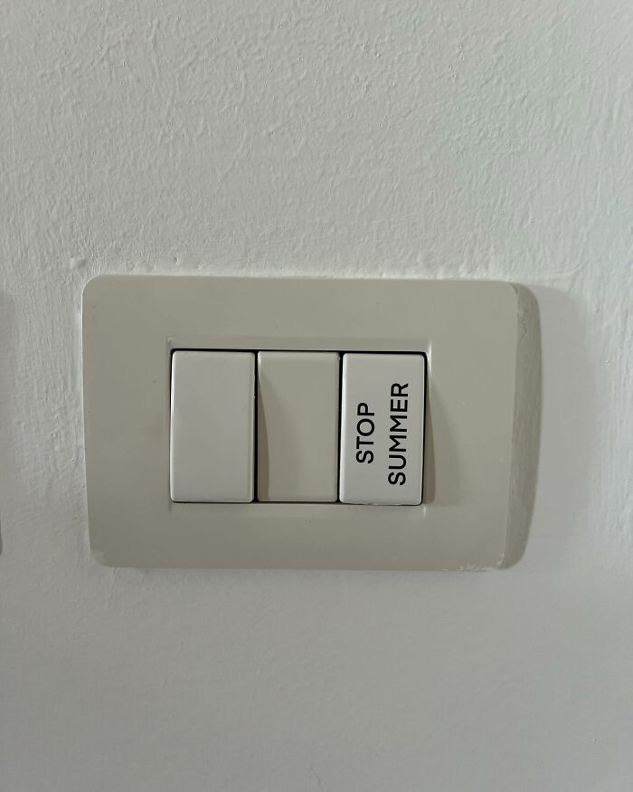 Light switch art labeled "Stop Summer," a creative artwork transforming a common item.