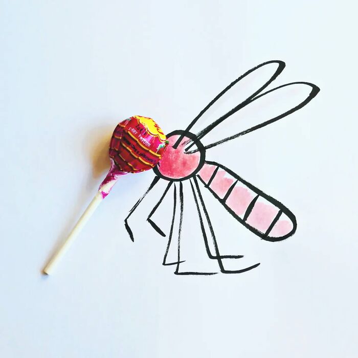 Lollipop mosquito illustration by Romain Joly, combining everyday object with playful drawing.