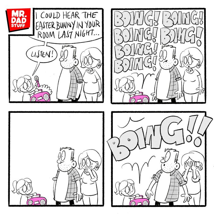 Comic strip illustrating the chaos of parenting, featuring parents listening to loud noises from a child's stereo.