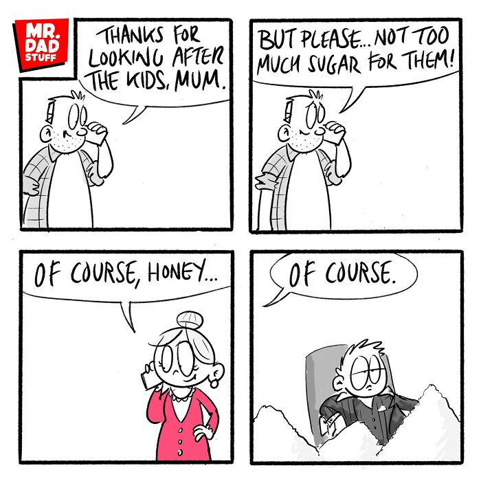 Funny Mr. Dad Stuff comic about parenting humor; mom agrees to not give kids too much sugar, yet dad finds a mountain of sugar.