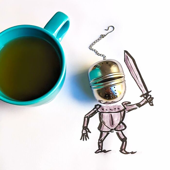 Illustration by Romain Joly of a knight with metal tea infuser helmet beside a teal mug.