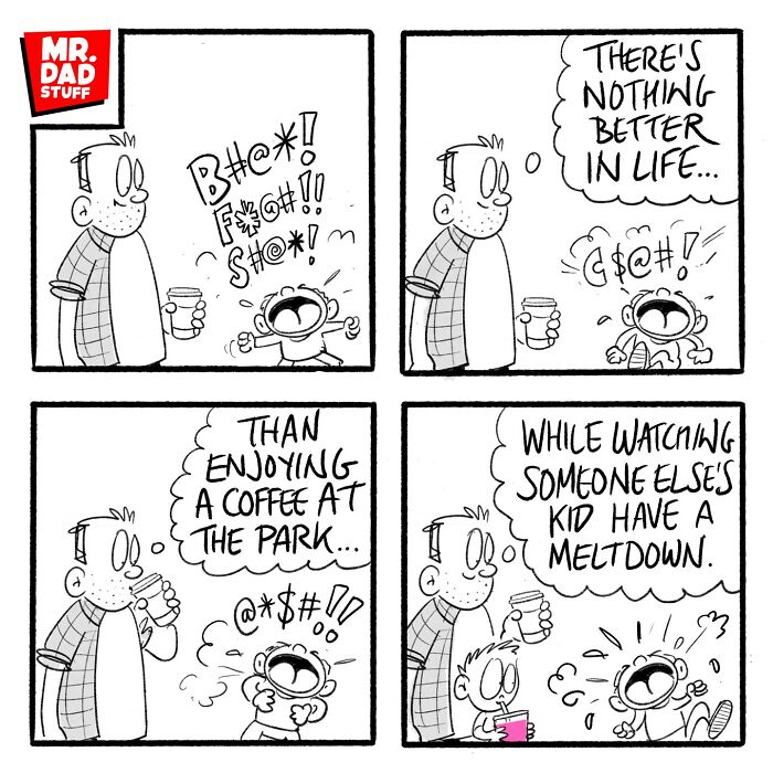 Comic about parenting chaos, with a dad enjoying coffee while another child has a tantrum.