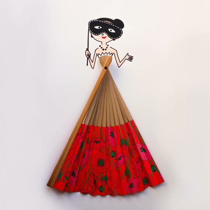 Playful illustration of a masked woman, using a colorful fan as her dress, by Romain Joly.