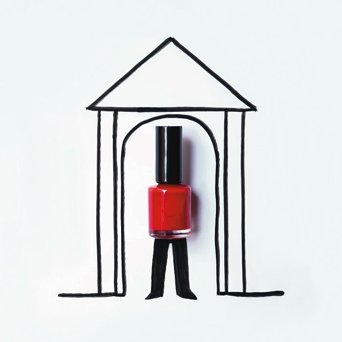 Playful illustration by Romain Joly of a building with a red nail polish bottle as the entrance.