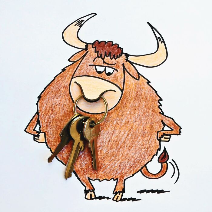 A playful illustration by Romain Joly featuring a bull drawing with a keyring as its nose ring.
