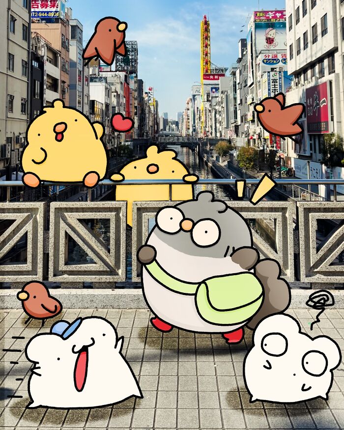Cartoon characters Birb, Bread, and Poku joyfully exploring a bustling cityscape.