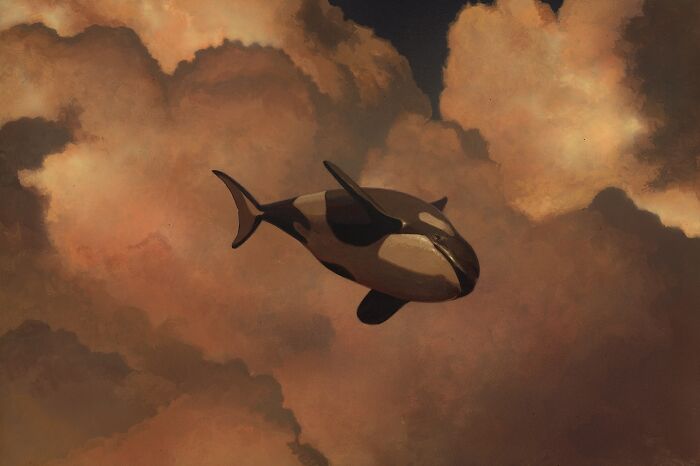 A surreal painting of an orca swimming through a cloudy sky, showcasing animals in unexpected landscapes.