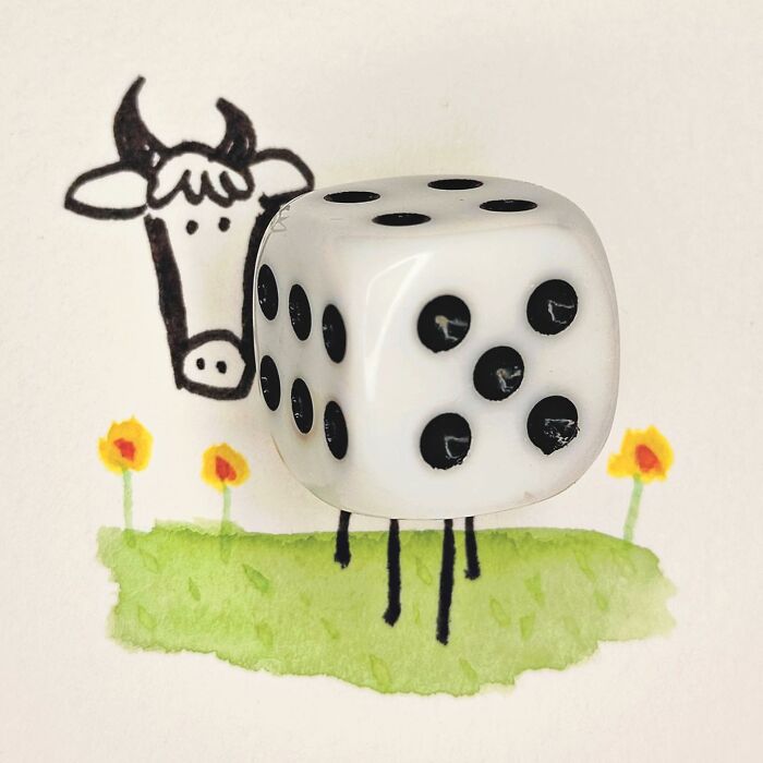A playful illustration of a cow combining a dice as its body, with flowers and grass in the background.