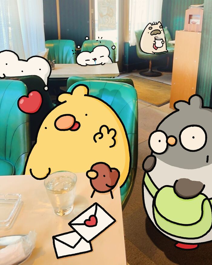 Cartoon characters Birb and Poku in a cozy diner setting, sharing a table with a love letter and glass of water.