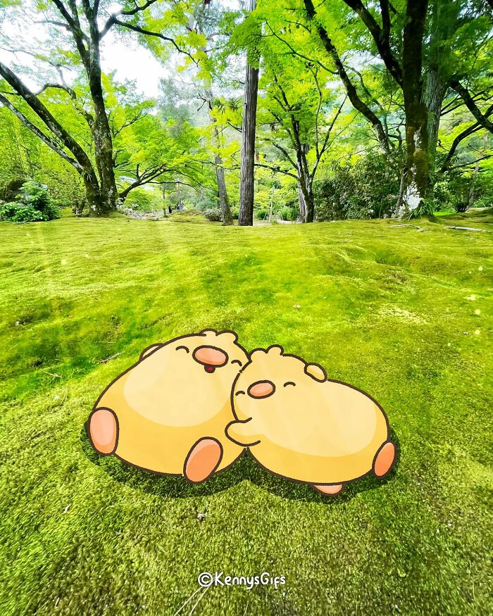 Two cute cartoon characters relaxing on a bright green forest floor, surrounded by lush trees.