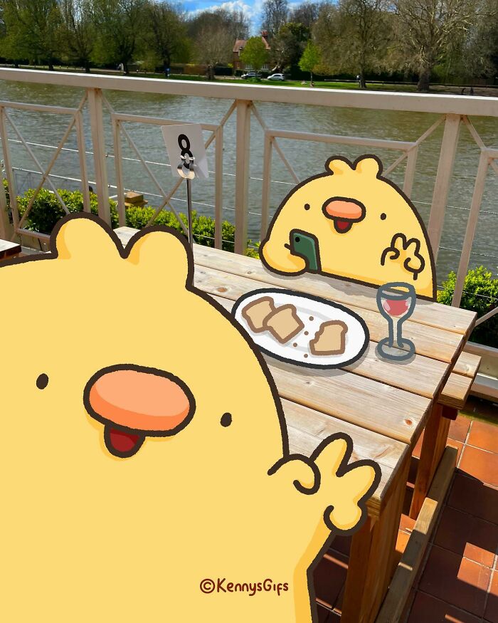 Cute cartoon birbs enjoying bread and wine by the riverside, featuring art by Kenny Mays.
