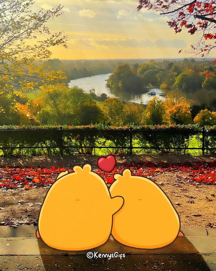 Cartoon characters Birb, Bread, and Poku sit on a bench, overlooking a scenic autumn landscape with a heart above them.
