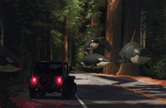 Orcas floating over a forest road with a parked jeep nearby, illustrating animals in unexpected landscapes.