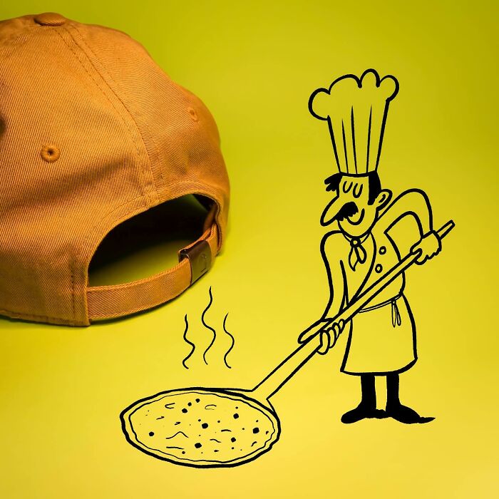 Illustration combining a cap as pizza and a drawing of a chef cooking it, by Romain Joly.