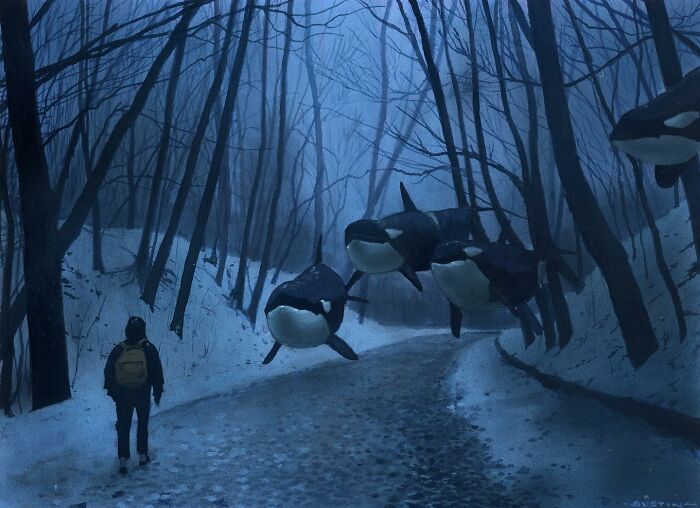 Person in snowy forest encountering orcas in surreal landscape painting by Chris Austin.