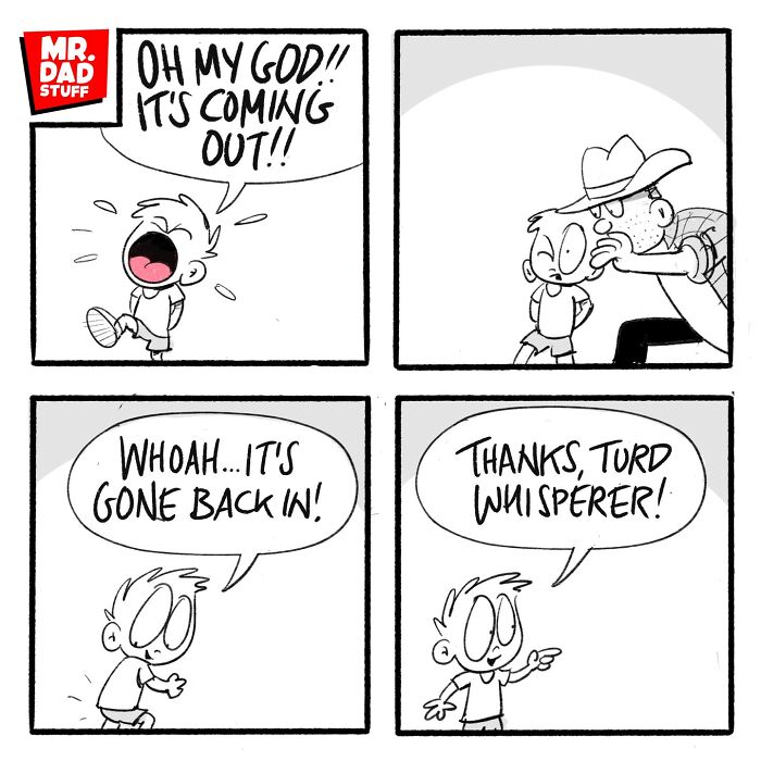 Comic strip of a boy and a dad in a funny parenting moment, featuring dialogue about something coming out and going back in.