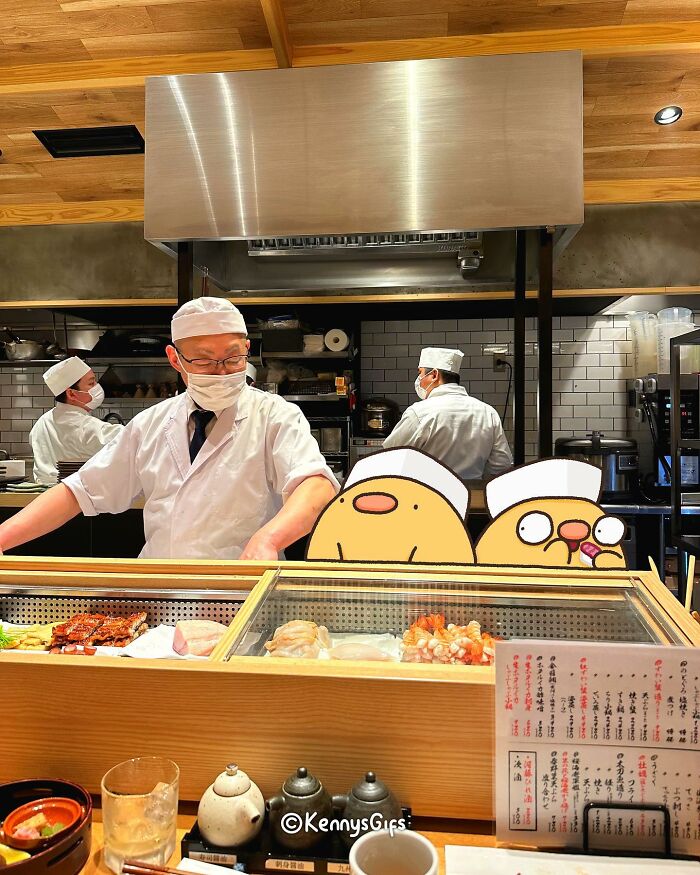 Cartoon characters Birb and Bread at a sushi bar with chefs in the background, by Kenny Mays.
