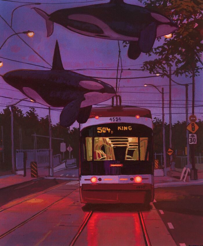 Surreal painting of orcas flying over a city tram at dusk, capturing animals in unexpected landscapes.