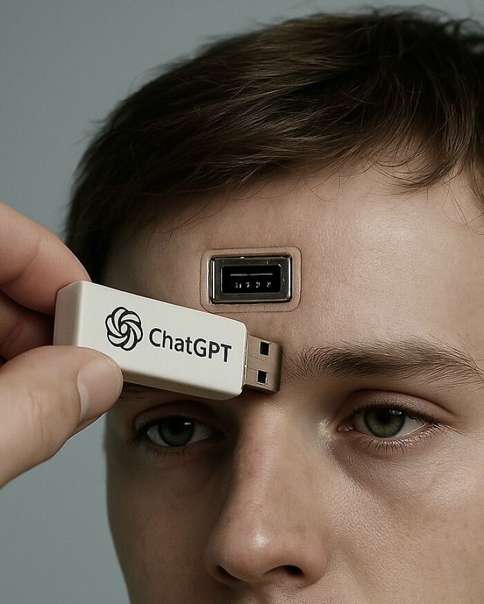Artist's work shows a USB drive labeled ChatGPT being plugged into a person's forehead, transforming common items into art.