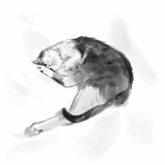 Realistic digital cat art by Jinodae, depicting a peacefully sleeping feline in grayscale.