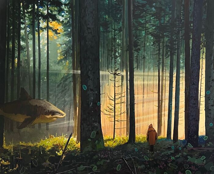 Surreal painting of a shark swimming through a sunlit forest, illustrating animals in unexpected landscapes.