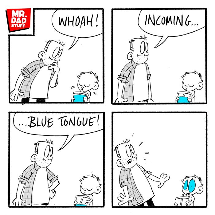 Father and child comic illustrating funny parenting moments with a blue tongue surprise.