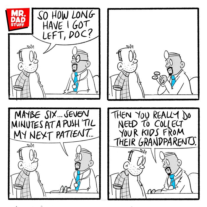 Comic from Mr. Dad Stuff depicting a humorous conversation between a man and a doctor about parenting chaos.