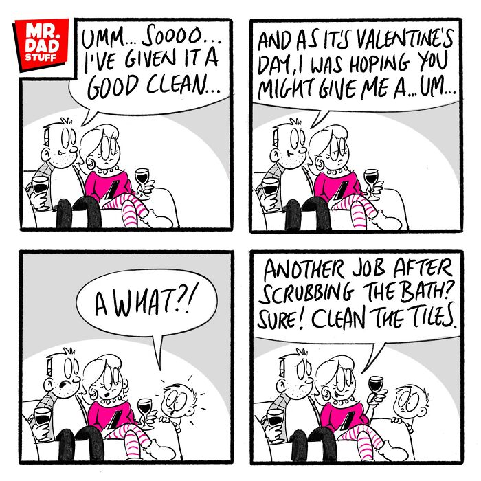 Comic of parents on a couch humorously discussing chores and favors, capturing the chaos of parenting and marriage.