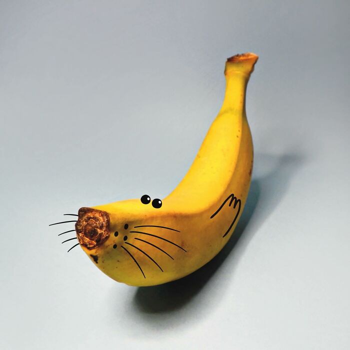 A playful illustration of a banana transformed into a seal with whimsical drawings by Romain Joly.
