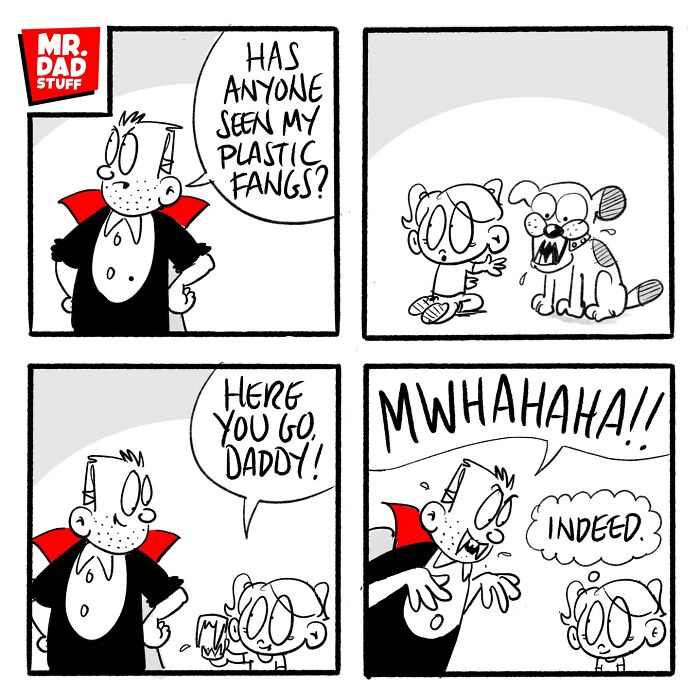 Dad dressed as a vampire asks for his plastic fangs, child gives them, humorous Mr. Dad Stuff comic about parenting chaos.