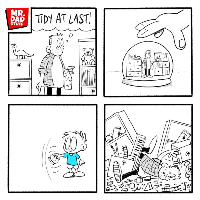 Cartoon of a dad enjoying a tidy room, then chaos unfolds when a child shakes the scene, capturing the humor of parenting.
