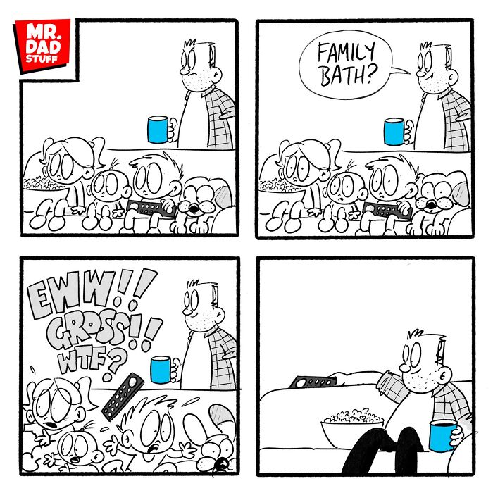Dad suggests a "family bath" causing chaos among kids on a couch in a funny Mr. Dad Stuff comic.