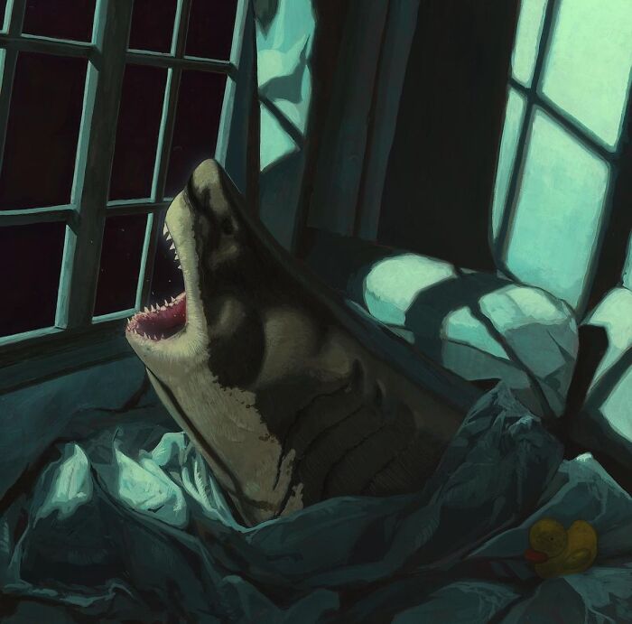 A shark emerges from bed sheets in a surreal, dimly lit room, representing animals in unexpected landscapes.