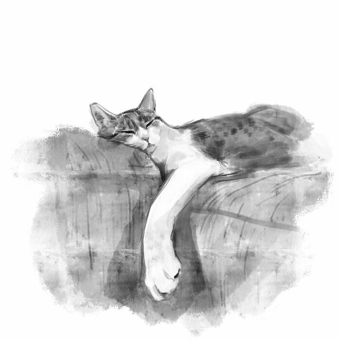 Realistic digital cat art by Jinodae featuring a sleeping feline on a cushion.