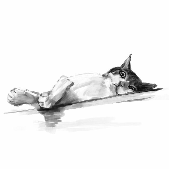 Realistic digital cat art by Jinodae, depicting a lounging feline in black and white.