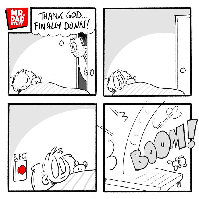 Child with an eject button surprises dad in a funny Mr. Dad Stuff comic about parenting chaos.