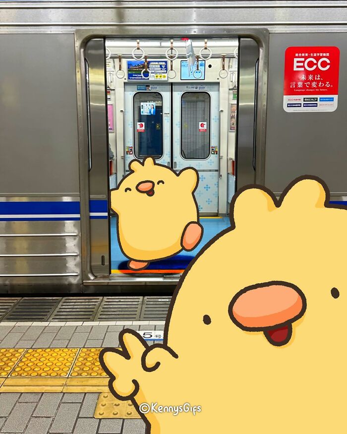 Cute cartoon characters Birb and Poku at a train station entrance, bringing fun to the real world setting.