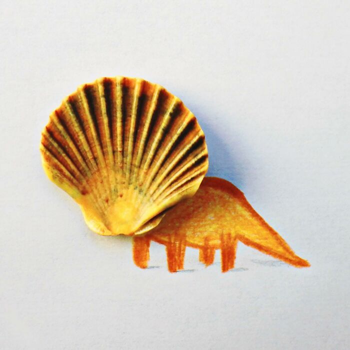 A playful illustration by Romain Joly, combining a shell with a drawing to create a dinosaur.