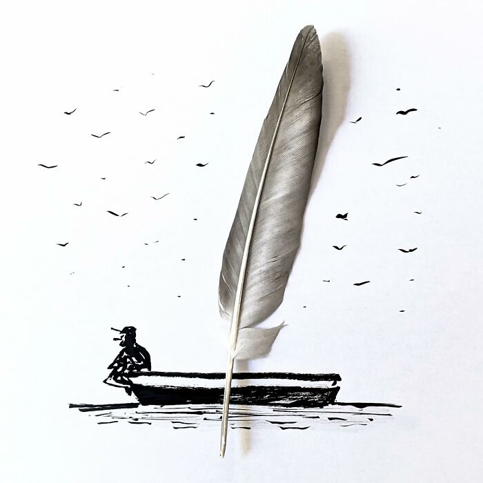 Illustration by Romain Joly: A feather forms a boat's sail with a drawn figure and birds in the background.