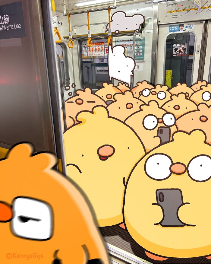 Cute Birb characters on a crowded subway, whimsically interacting with the real world.