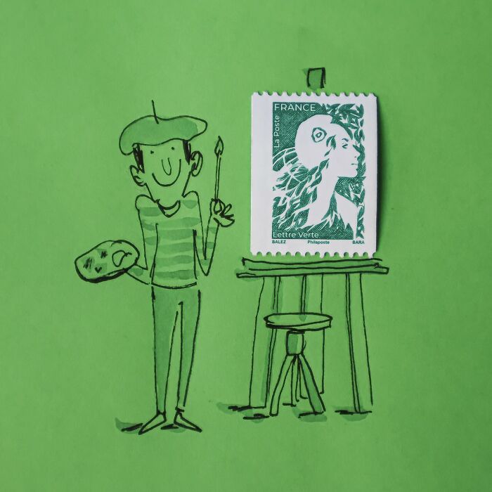 Playful illustration of an artist with a palette, combining a drawing with a French stamp on a green background.