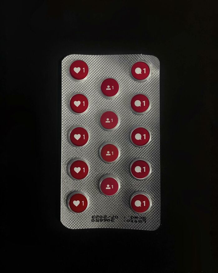 Artwork of blister pack with social media icons, creatively transforming common items into thought-provoking pieces.