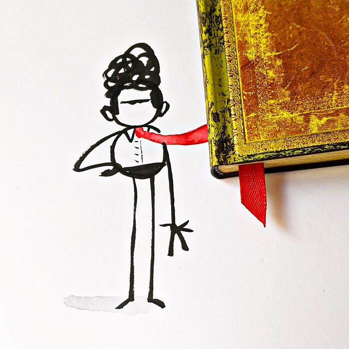 Playful illustration by Romain Joly featuring a drawn figure combined with a gold book and red ribbon tie.