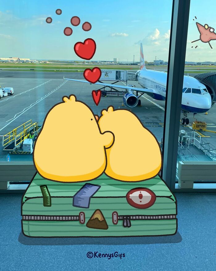 Illustration of Birb and Bread, two cute characters, sitting on a suitcase at the airport with hearts above them.