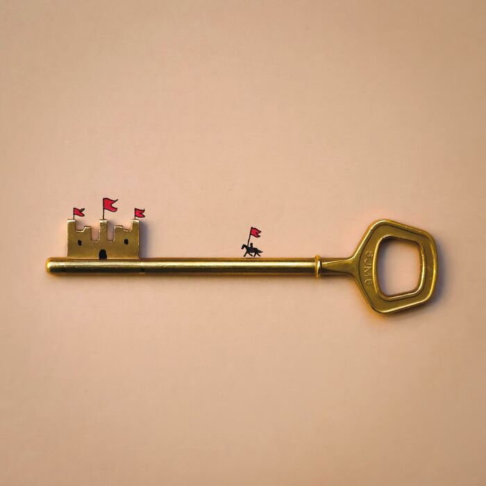 Illustrations by Romain Joly: A golden key transformed into a castle and knight with red flags.