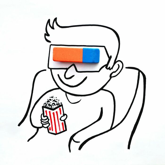 Drawing of a person with eraser 3D glasses, holding popcorn, in Romain Joly's playful illustrations with everyday objects.