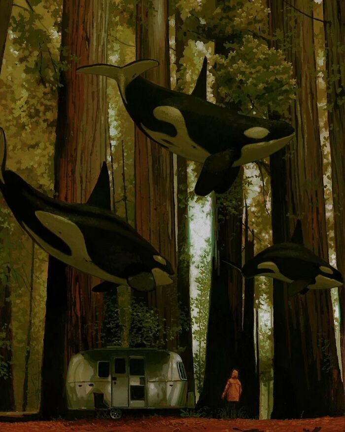 Three orcas floating through a forest, near a vintage trailer and a person in an orange coat, create a surreal scene.