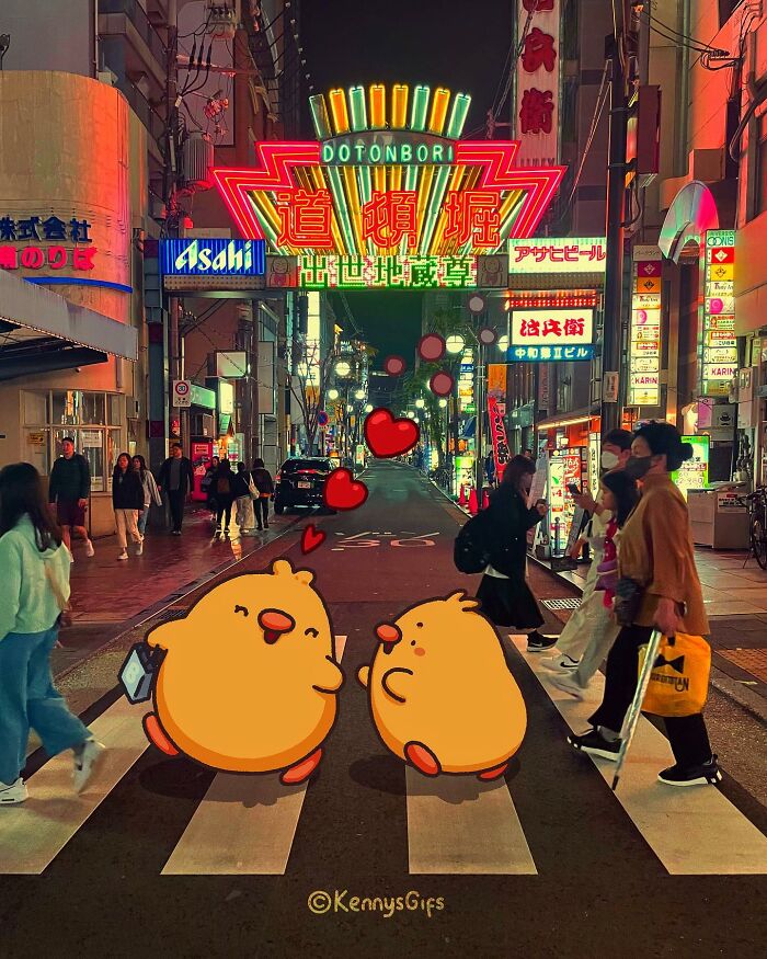 Cute cartoon Birb and Bread crossing a busy street with colorful neon signs in the background.