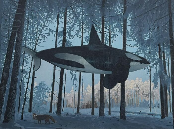 Surreal painting of an orca floating in a snowy forest with a fox nearby, showcasing animals in unexpected landscapes.